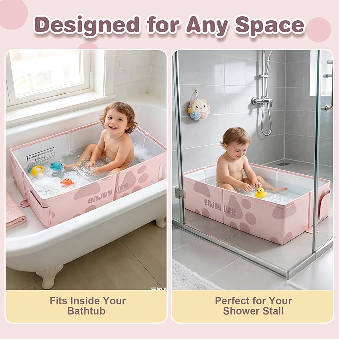Toddler Bath Tub for Shower, Foldable Baby Bathtub, Portable Kids Bathtub & Collapsible Bathtub for Toddlers 1-8, Infant Newborn, Travel Baby Bath, Bañera para Bebé, Pink