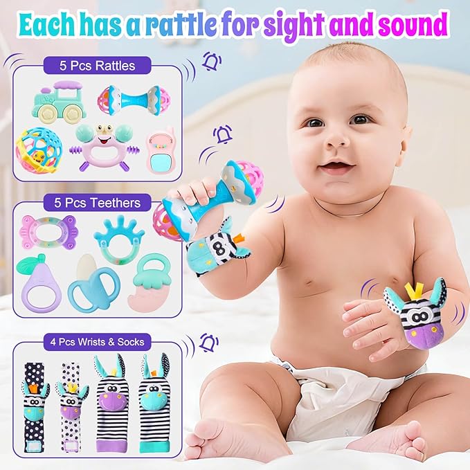Baby Toys 0-6 Months - Baby Rattles Teething Toys 3-6 Month Infant Toys 6-12 Months Teether Toy 3 4 5 6 Month Old Newborn Essentials Must Haves Wrist Socks Toddler Stocking Stuffers Christmas Gifts