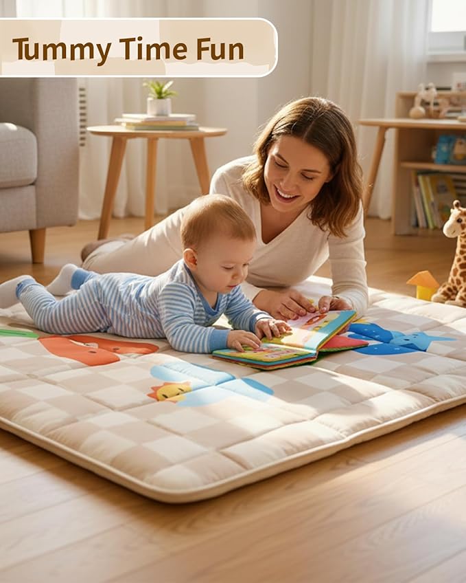 Baby Play Mat, Foldable Play Mats for Floor, 50x50 Inches Crawling Mat for Playpen with Anti-Slip Bottom, Machine Washable, Thicken Padding Foam Playmats for Babies and Toddlers (Sand Checks)