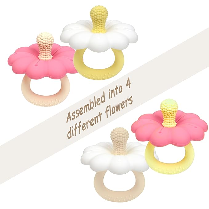 Ginbear Silicone Baby Teether for Girls, BPA Free Food Grade Infant Teething Toys, Soothing Baby Chew Toys, Sensory Teething Pain Relief Pacifier 3 Months + (Set of 2)