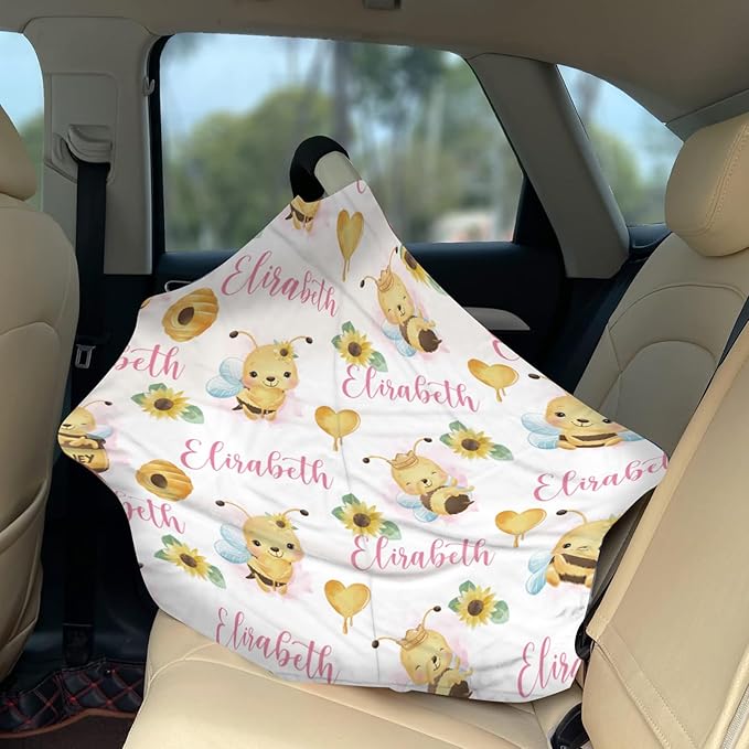 Personalized Baby Car Seat Cover Stroller Canopy: Custom Name Newborn Baby Boy Girl Elastic Bee Nursing Cover for Moms First Birthday Gift(one Size)