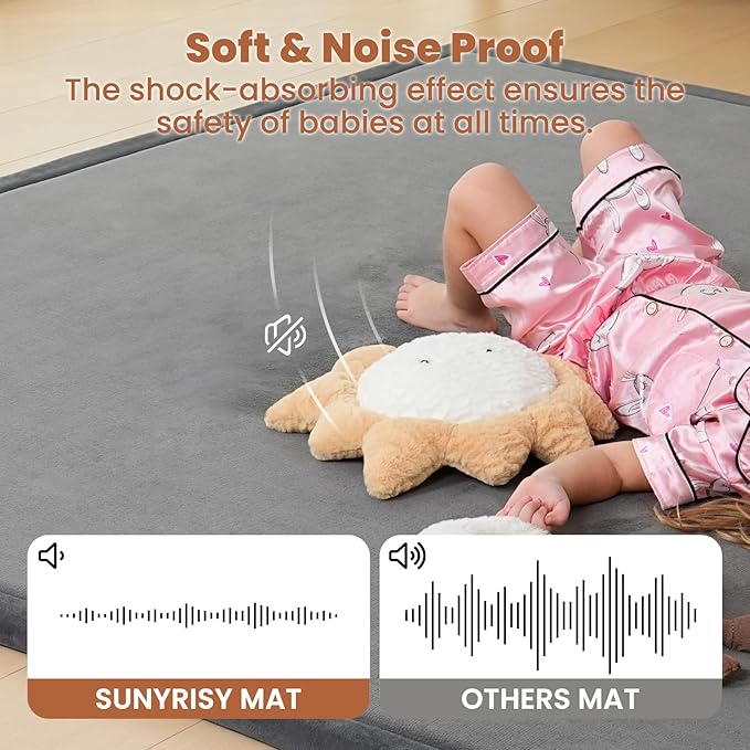 SUNYRISY Baby Play Mat for Floor, 1.4in Thick Memory Foam Padded Play Mats for Baby, Soft Velvet Infants Toddler Kids Play Mat Non-Slip Bottom, Crawling Baby Rugs for Nursery 60x70in
