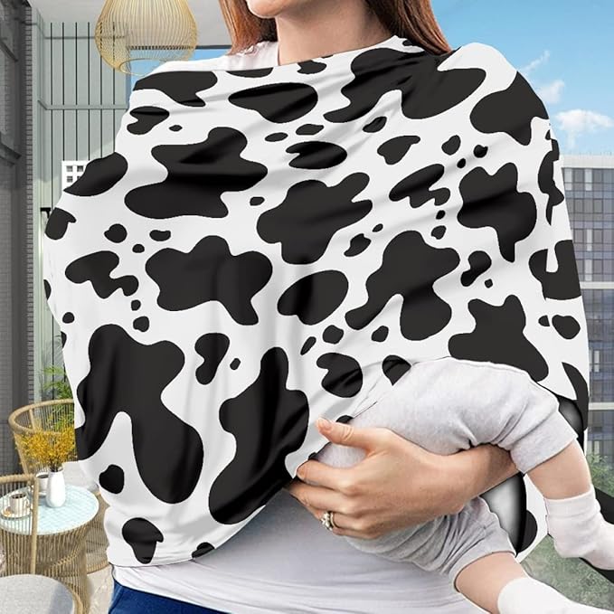 KIDVOVOU Baby Car Seat Covers Infant Carseat Canopy Black Cow Print Stretchy Breathable Adjustable Stretchy Universal Fit Infant Newborn Car Cover Protection