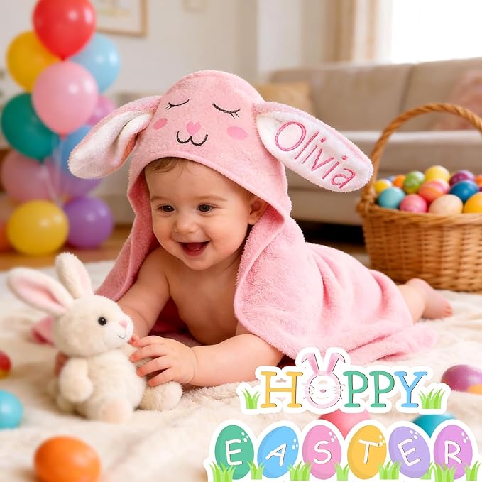 Custom Hooded Bath Towel with Name, Personalized Highly Absorbent Bunny Towels, Baby Bath Towels for Girls Boys, Brithday Easter Gifts for Baby, Toddler, Newborn, Infant (Pink)