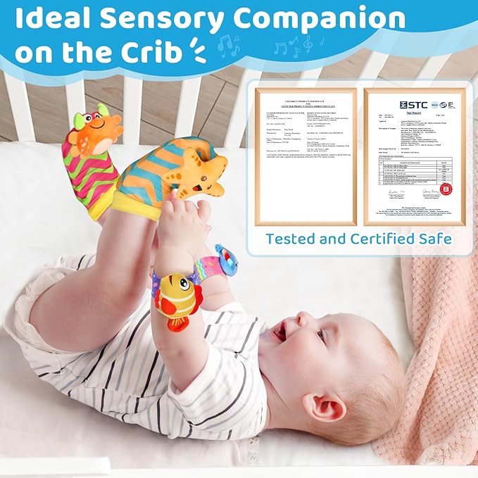 URMYWO Wrist Rattles for Baby - Rattle Socks - Foot Finder Set - Baby Toys for 0-12 Months Infant - Newborn Essentials - Early Learning Sensery Toys for Boy Girl as Shower Gifts Easter Basket Stuffer