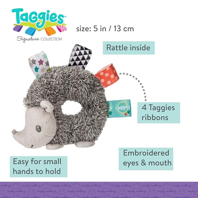 Mary Meyer 8-Inch Heather Hedgehog Soft Toy and Heather Hedgehog Baby Rattle Taggies Bundle