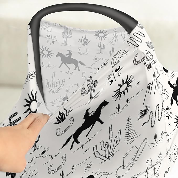 Western Cowboy Car Seat Cover for Babies Wild West Cactus Mountain Snake Cattle Skull Sun Stretchy 5-in-1 Covers Adjustable Car Canopy Breastfeeding Cover Desert Adventure Breathable Nursing Cover-Up