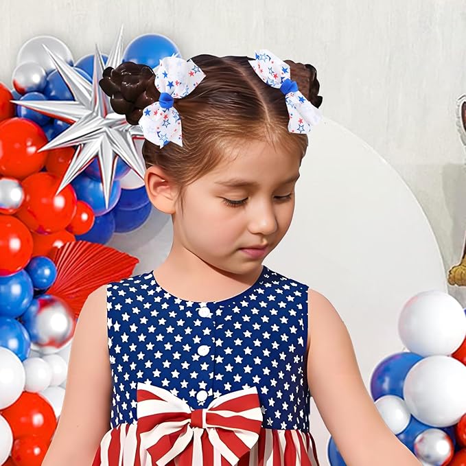 YanJie 2pcs 4th of July Hair Clips 4'' Blue Bow Stars Baby Girls Clips American Flag Hair Bow Patriotic Hairgrips Hair Accessories Independence