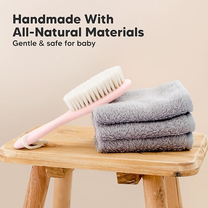 Wooden Baby Hair Brush for Toddler Girls, Boys - Cradle Cap Brush for Babies, Soft Goat Bristles, Perfect Gentle Scalp Newborn Comb for Infant, Girls, Boys, Bath Essentials(Blush, Regular)