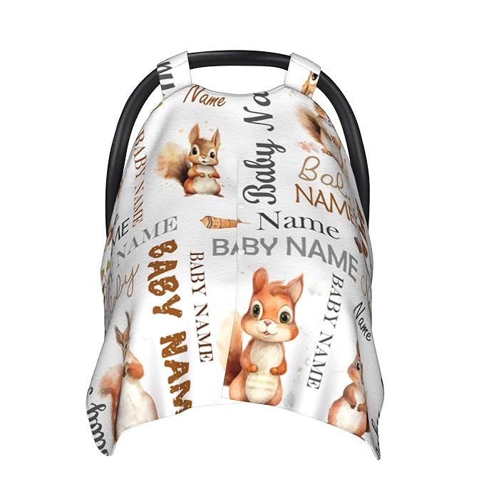 Personalized Winter Baby Car Seat Cover with Name Squirrel Winter Car Seat Cover for Baby Seat or Stroller Custom Infant Car Seat Covers Minky Blankets Nursing Cover Breastfeeding Scarf