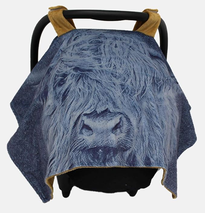 Dear Baby Gear Car Seat Cover for Boys & Girls - Baby Carseat Canopy w/Snap Opening - Infant Seat Cover - Nursing Covers - Newborn Carrier Canopy -40x30"(Highland Cow on Denim, Smooth Khaki)