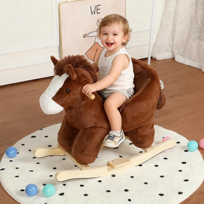 Pony Baby Rocking Horse for Toddlers 1 Years to 3 Years, Stuffed Plush Ride-on Rocking Animal with Realistic Sound and Music, Wooden Rocking Toy with Seat, Brown Horse, CPC Certified