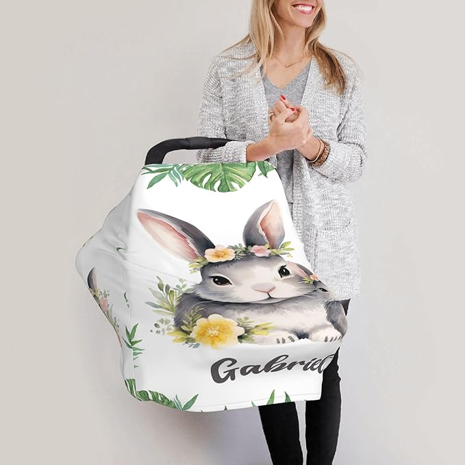 Personalized Car Seat Covers for Babies with Name – Multi-use Breastfeeding Cover Custom Rabbit Carseat Canopy Cover, Infant Stroller Covers for Boys and Girls