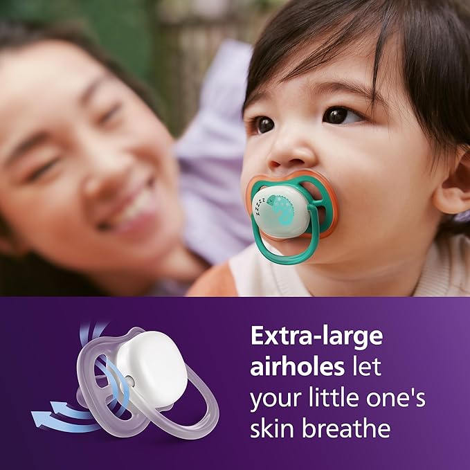 Philips Avent Ultra Air Nighttime Pacifiers - Orthodontic Design, for Babies 6-18 Months, Glow in The Dark, Soft Silicone Symmetrical Nipple, BPA-Free, with 2 Sterilizing Cases, 4 Pack, SCF376/36