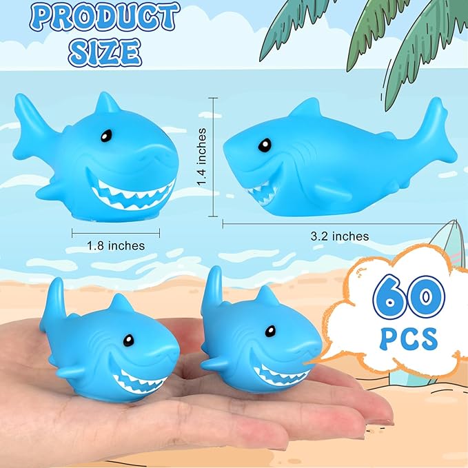 Mototo 60 Pieces Rubber Shark Toys Bulk, Cute Bath Squishy Toys Small Swimming Bathtub Pool Kids Play for Shark Week Themed Box Goodie Bags Treasure Hunt Carnival Cruise Birthday Party Favor, Blue