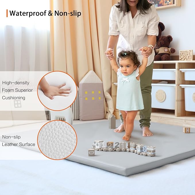 Hoohtoot Foam Play Mat for Baby: PU Leather Waterproof Kids Playmat - Gray Baby Play Mats for Floor - Thick Play Mat for Playpen Padded Playpen Mattress Soft Infant Mat for Preschool (Grey Foam mat)