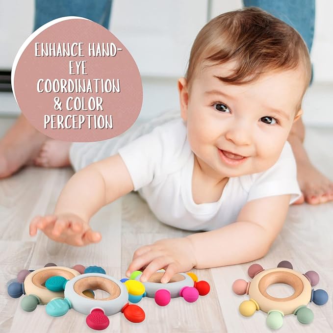 Baby Teething Toys, Silicone Chewable Teethers with Wooden Ring for Soothing Babies Gums, Rudder Chewers Shower Gift for lnfants & Toddlers, 3+ Months (8 Directions, Rainbow)