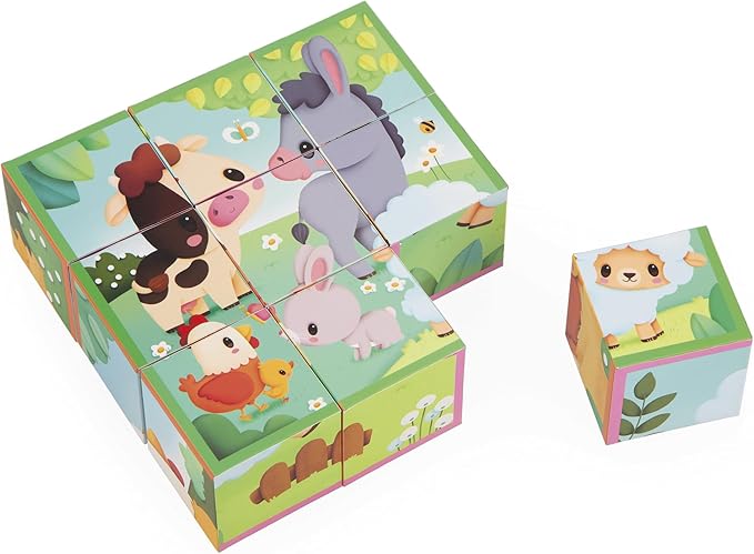 Janod - Farm-Themed Cardboard Puzzle Cubes for Toddlers (9 Cubes, 6 Puzzles) - Entertaining Toddlers During Travel - Enhances Fine Motor Skills - Lightweight and Safe - Educational and Fun
