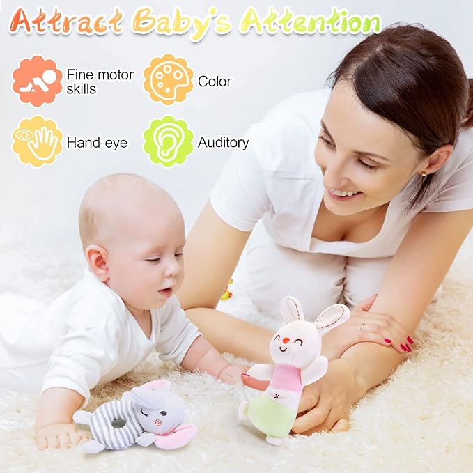 FPVERA Baby Rattles 0-6 Months: Soft Rattle Toys for Newborns, Plush Stuffed Animal Rattle for Infants, Toddlers Boys Girls Shower Gift