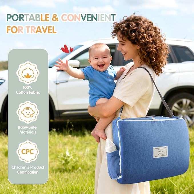 Portable Baby Lounger - Foldable Infant Lounge with Adjustable U-Shaped Bumper & Storage Bag, Breathable Cotton Snug Spot for Supervised Rest & Play at Home or On The Go,Blue Crown