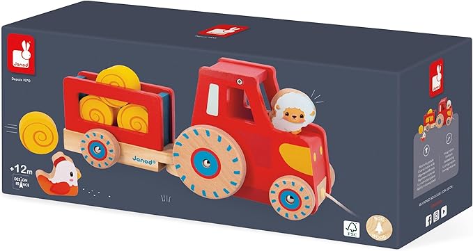 Janod Wooden Pull-Along Tractor Toy with Removable Trailer, Hen, Sheep & 4 Hay Bales – Quiet-Wheel Farm Playset & Walking Aid – Ages 12 Months+ - J03317