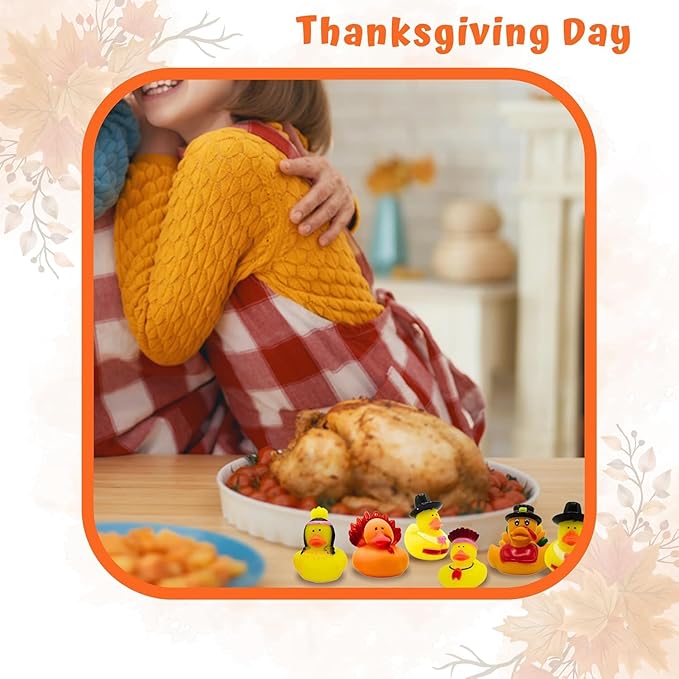 4E's Novelty Thanksgiving Rubber Duckies (24 Pack) Thanksgiving Themed Rubber Ducks Bulk Turkey & Pilgrim Ducks, Thanksgiving Party Favors Supplies for Kids Adults, Table Centerpiece, Bath Toys