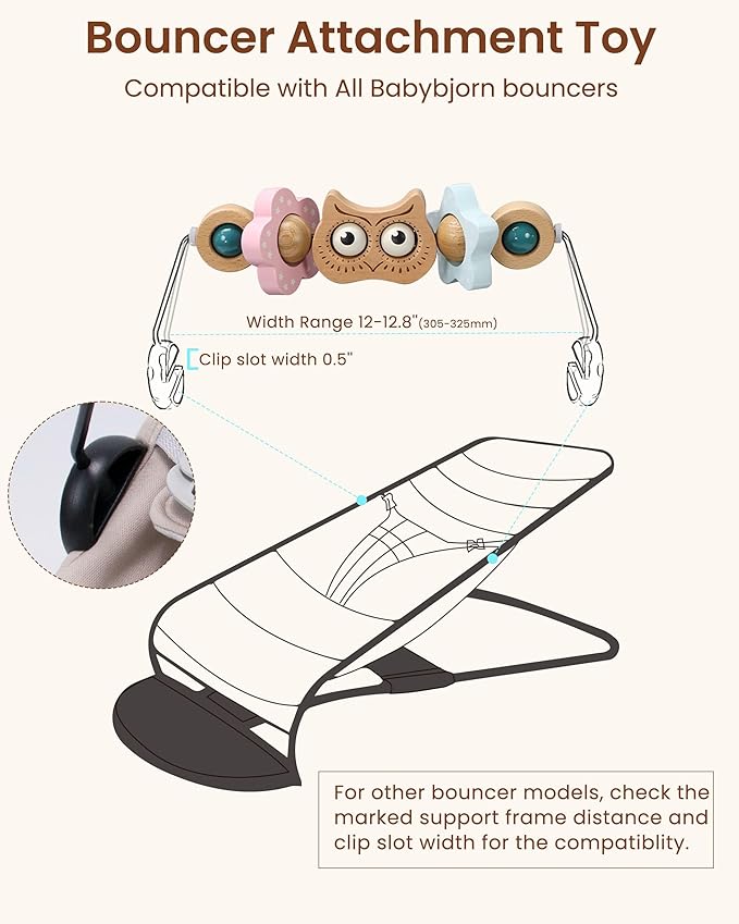 TinlyFinly Baby Bouncer Toy Bar Wooden Compatible with Baby Bjorn Bouncers, Bouncer Toy Attachment, Tight and Secure Fit, So Fun to Watch, Touch and Spin for Babies All Ages (Wood Color Owl)