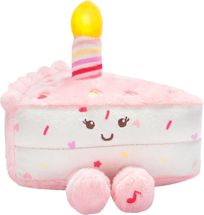 Magic Years Musical Light Up Plush Toy, Happy Birthday Cake Slice, 6 inches, Pink