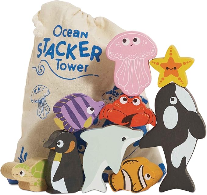 Le Toy Van - Wooden Toys - Petilou Baby & Toddler - Ocean Animal Building Blocks Stacker & Bag - Educational Balancing Activity Toy - Wooden Blocks Aquatic Animal Toys - Kids Toys Age 18 Months+