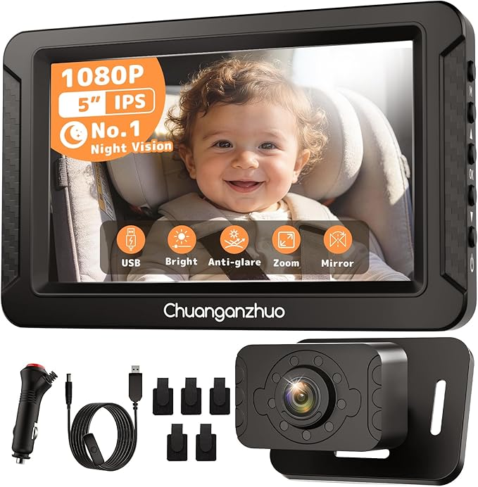 S100C Baby Car Camera USB Powered, Crystal Clear Auto IR Night Vision in Total Dark, Adjust Brightness & 1080P 5" IPS Monitor, 3X Zoom & 360° Rotating Backseat Camera for Rear or Forward-Facing