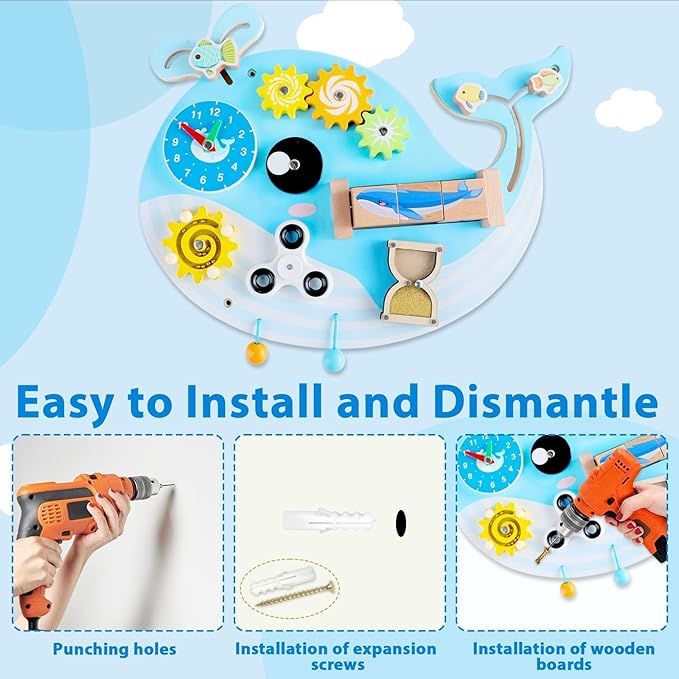 Whale Activity Wall Busy Board Panels, Montessori Sensory Wall Panel for Kids, Toddler Learning Activity Center, Interactive Educational Toys for Playroom Daycare Nursery Classroom Birthday Gifts