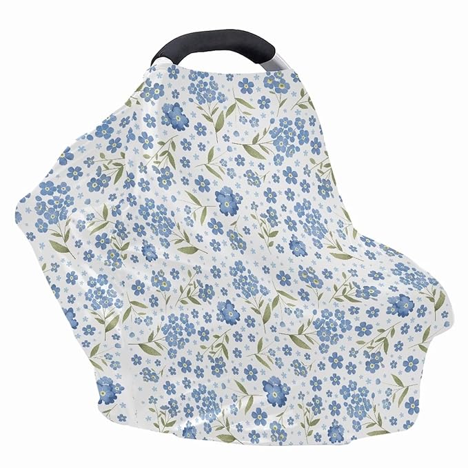 Biyejit Blue Floral 5-in-1 Car Seat Cover for Baby Girl Cow Lover Gift, Privacy Breastfeeding Nursing Cover, Newborn Infant Multi-use Carseat Canopy Carrier