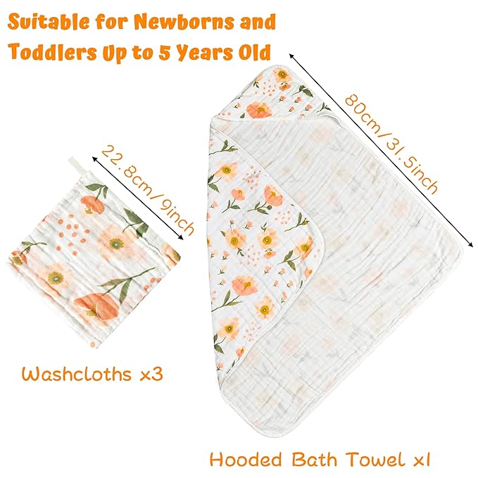 Zainpe 4Pcs Muslin Baby Hooded Towel & Washcloth Set, Spring Flowers Soft Absorbent Cotton Bath Hand Towels Infant Shower Gifts for Newborn Toddler Boys Girls Feeding Teething Sleeping 31.5 X 31.5 in