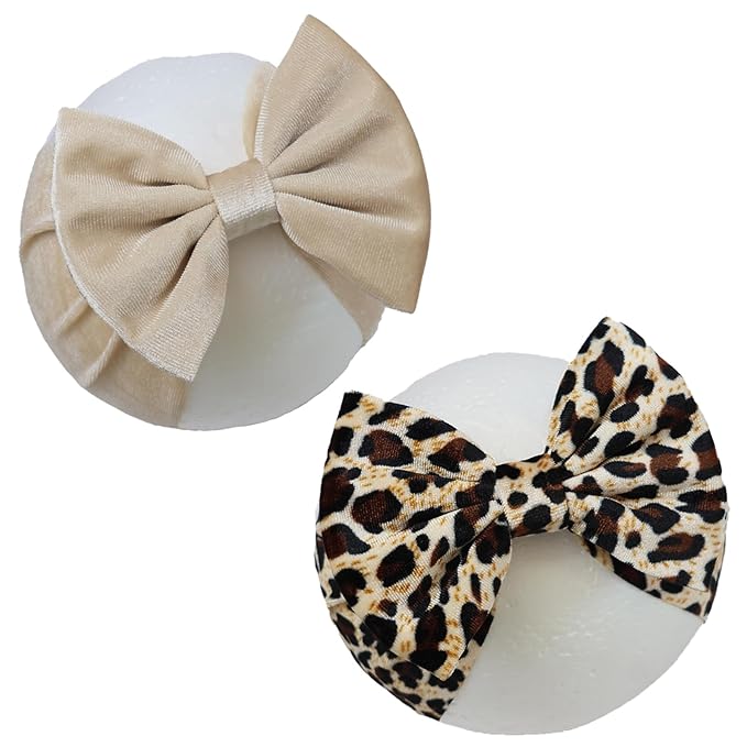 Velvet Khaki Leopard Baby Headbands Big Bows for Baby Girls Velvet Soft Hairbands Bows Wide Head Wrap Beige Hair Accessories for Newborn, Infant Toddlers 0-6Months