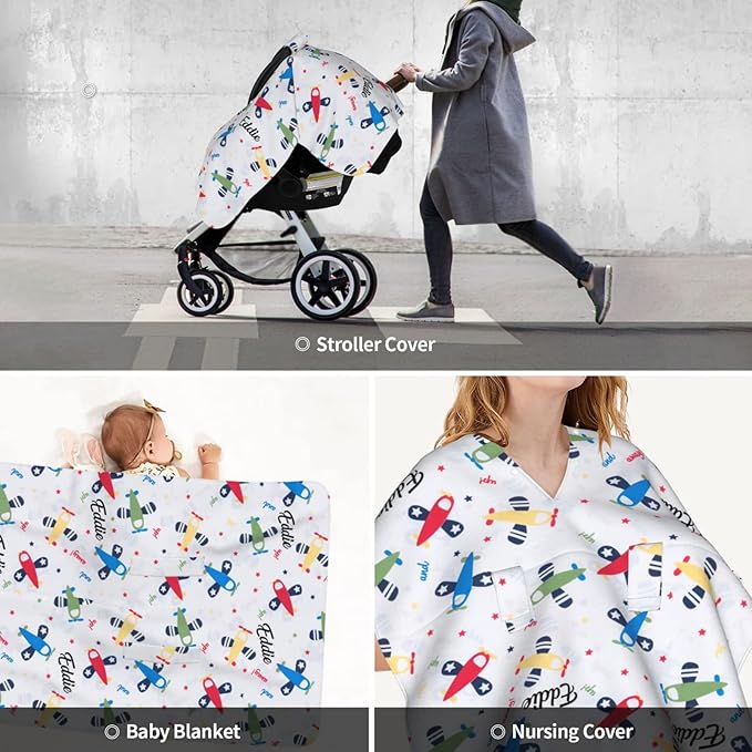 Personalized Little Plane Baby Car Seat Canopy for Babies with Name, Custom Car Seat Covers for Boys Girls, Peekaboo Opening Minky Nursing Breastfeeding Cover Infant Stroller Canopies for Newborn