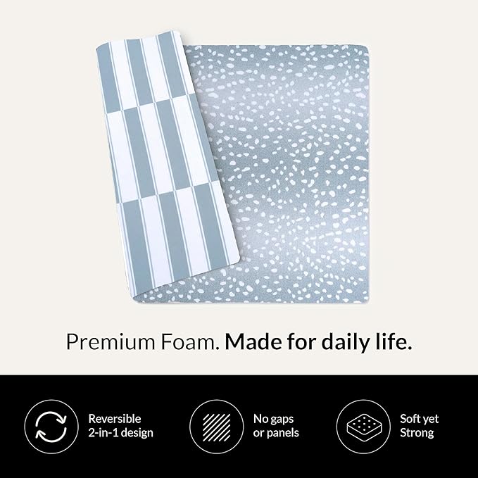Wander & Roam Premium Reversible Play Mat - Soft Foam Child & Parent - Neutral Antelope + Stripe Design - Water Resistant, Easy to Clean, Non-Toxic - Slate Blue, 3+ Years