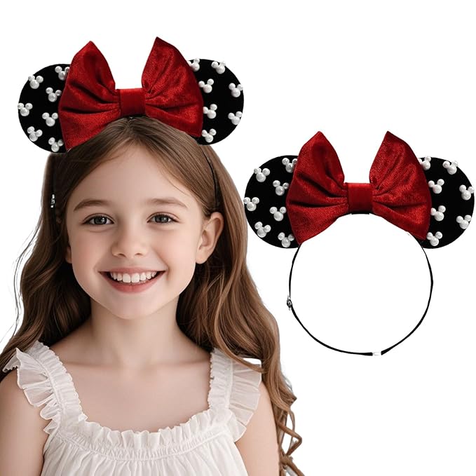 JIAHANG Baby Girls Adjustable Mouse Ear Hair Bow Headband with Beadings, Fashion Velvet Hair Bow Hairband for Infant Toddler School Girls