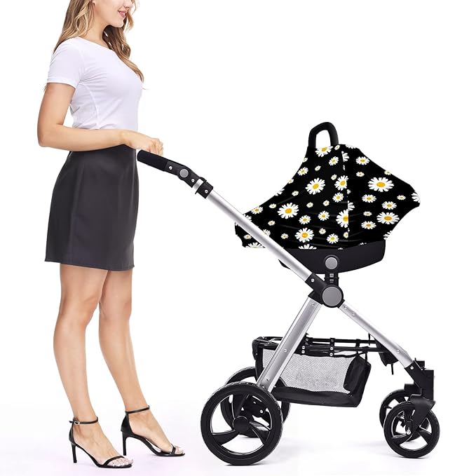 Baby Car Seat Stroller Covers White Yellow Daisy Flower Nursing Cover Breastfeeding Scarf Soft Breathable Stretchy Coverage Carseat Canopy Cover for Boys and Girls Soft Breathable Multi Use