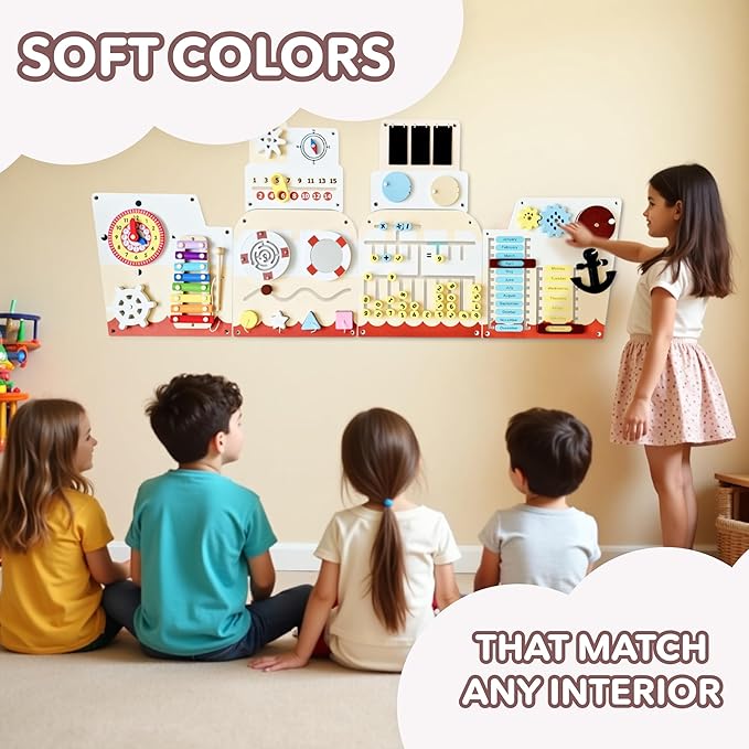 Cateam Sensory Wall Panel for Kids - Activity Wall Busy Board for Toddlers and preschoolers. 16in1 Learning Activity Center. Wooden Montessori Toys for Education and Early Development - Ship