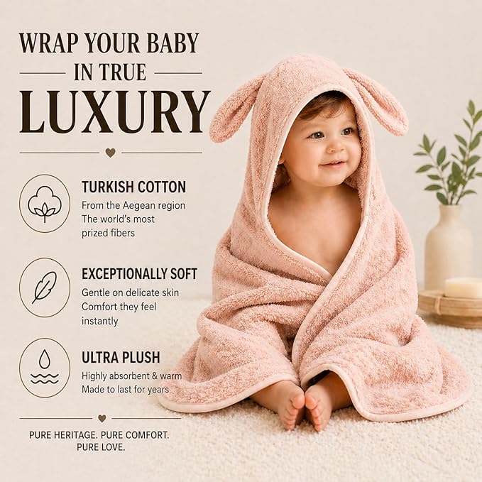 Turkish Organic Cotton Hooded Towels - Heritage Aegean Cotton, Organic Thick Bath Towels for Newborn, (Cozy Bunny, 35×35" — Baby/Toddler Large Size (6 Months–Toddler)) Best New Born Baby Girls Gift