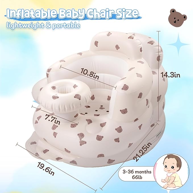 Arscniek Inflatable Baby Seat Built in Air Pump, Blow Up Baby Chair with Back Support and Tray, Sit Me Up Floor Seat for Babies 3-36 Months, Portable Infant Chairs for Indoor and Outdoor - Bear Head
