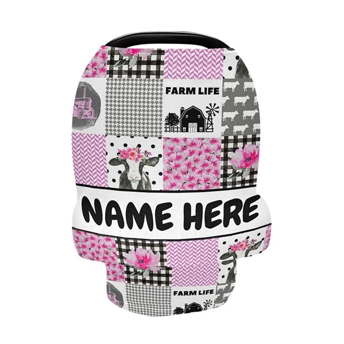 Personalized Cute Cow Pink Baby Car Seat Cover for Babies with Name, Custom Farm Theme Baby Car Seats Canopy for Girls, Nursing Breastfeeding Stroller Covers Infant Car Seat Blanket for Newborn