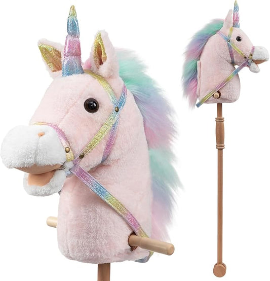 HollyHOME Unicorn Stick Horse with Wood Wheels Real Pony Neighing and Galloping Sounds Plush Unicorn Toy Pink with Rainbow Mane 36 Inches(AA Batteries Required)