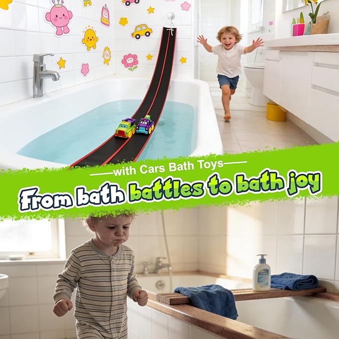 Race Car Bath Toy Set, Toddler Car Bath Toys, Flexible PVC DoubleTrack, Industrial-Strength Suction Cups, 8 Piece Set, CPC Certification, Kid's Bathtub Gift for Ages 3+