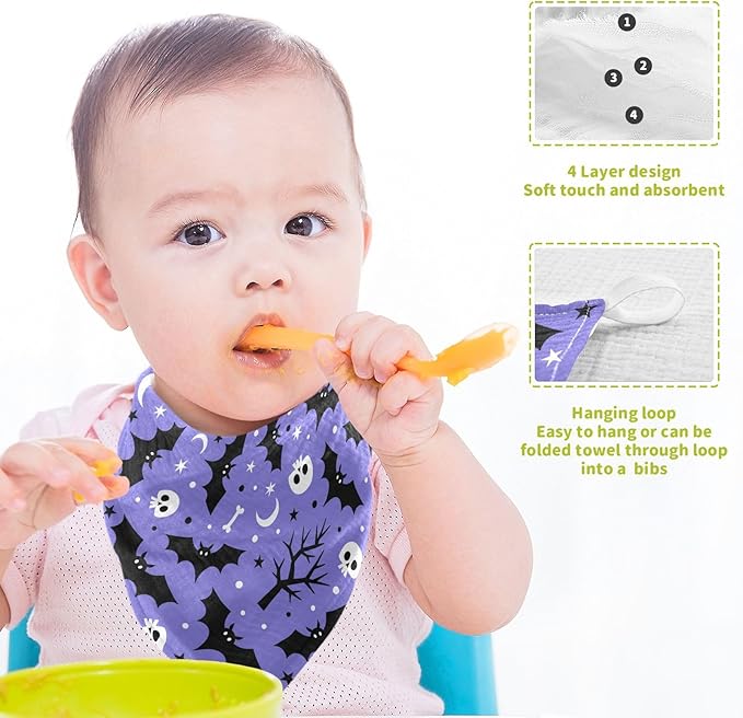 Newborn Face Towel Halloween Bats Skull Soft Cotton Baby Washcloths 11.8 x 11.8 Inch Infants Girls Boys Muslin Burp Cloths 5 Pack