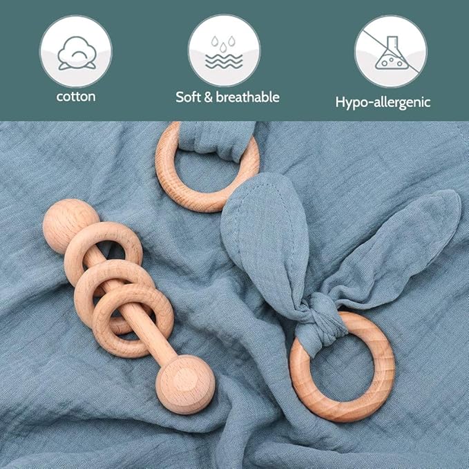 Baby Lovey, Wood Rattle, Teether Ring, 3 Pack Montessori Gift, Navy Blue, Cotton, Double Gauze, Baby Shower, Gender Neutral Gift