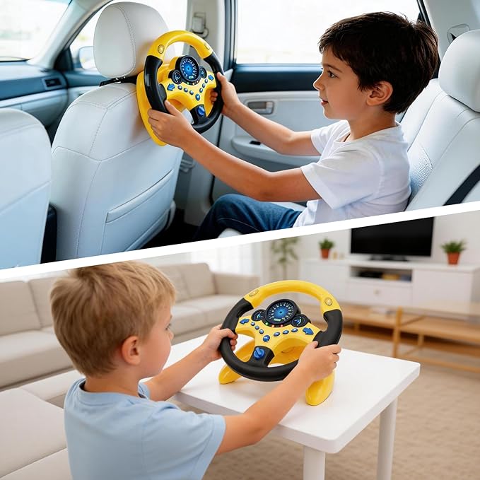 deAO Kids Steering Wheel for Backseat with Car Key Pretend Driving Simulated Driving Steering Wheel Toy with Light and Music Gifts for Kids (Yellow)