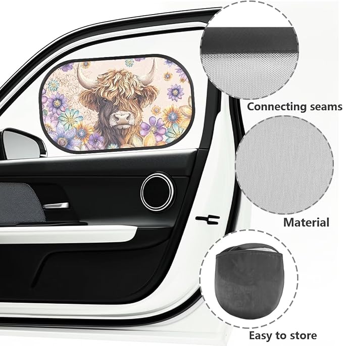 Bulopur Highland Cow Car Window Shades 2 PCS Sun Shades for Back Windows Dahlia Floral Baby Car Seat Sun Protection Easy to Install Mesh Car Window Covers Universal Sunshade Sunvisor