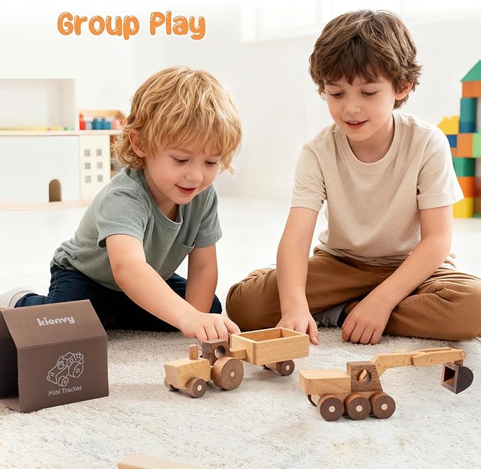 Wooden Toy Cars for 3 Year Old Boys & Girls - Construction Vehicles Set Push Toys for Toddlers, Wood Montessori Car with Rolling Wheels, Natural Wood Toys (Excavator & Tractor)