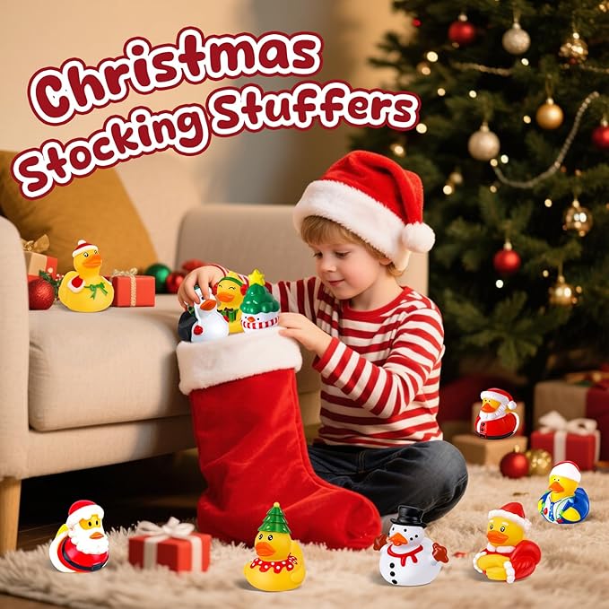 24 Pcs Christmas Rubber Ducks with a Bag, Christmas Stocking Stuffers for Kids, Santa Duckies for Xmas Party Favors Decorations, Ducks for Jeeps Classroom Gift Exchange, Baby Bath Toys